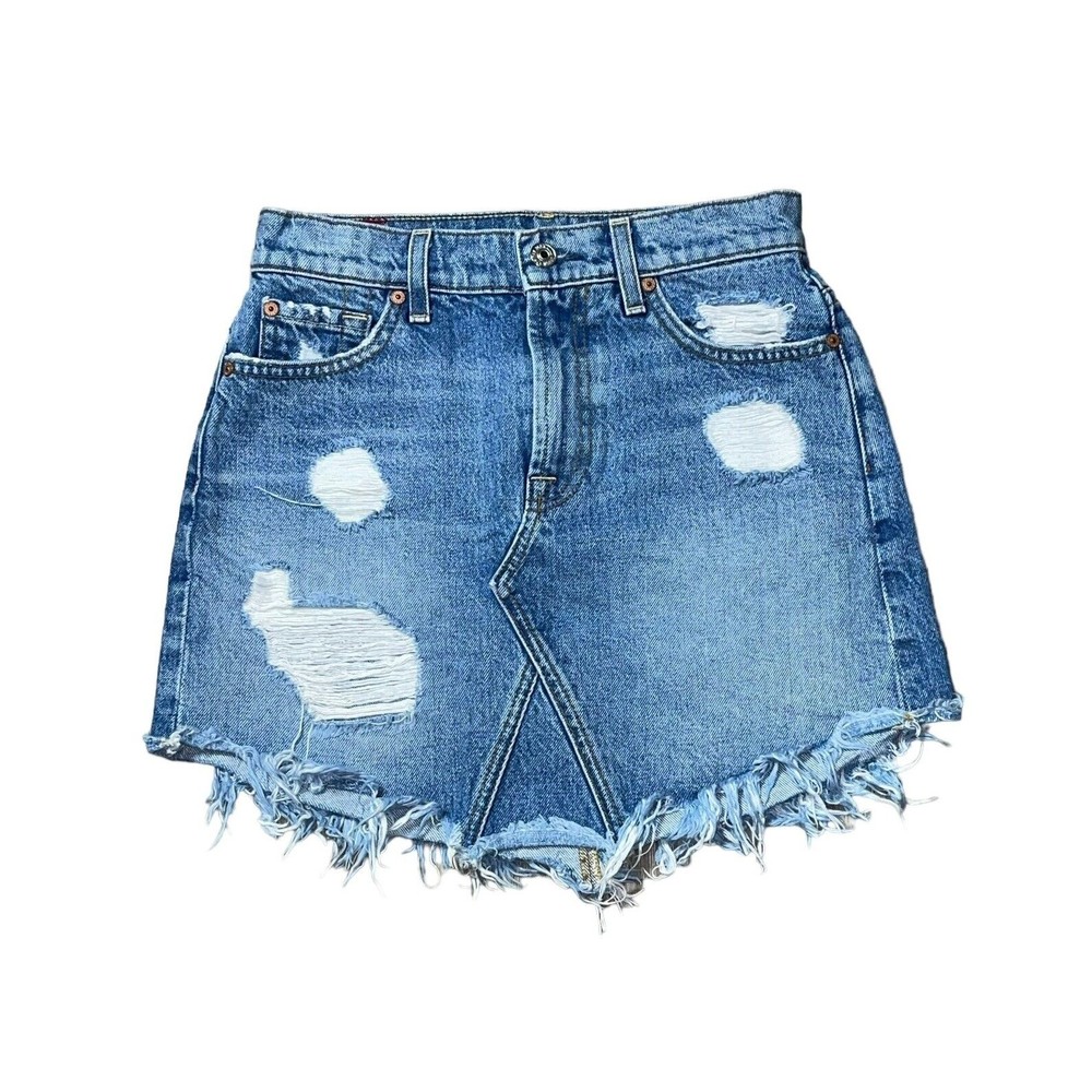 7 For All Mankind Women 24 Blue Distressed Mini Denim Jean Skirt Frayed Raw Hem